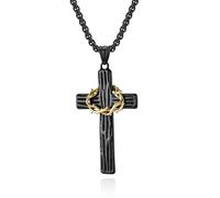 Handmade Crown Of Thorns Cross Necklace, Religious Christian Jewellery Gift for Women Men, Elegant Stainless Steel Crown Cross Pendant Necklaces Jewelry (Black)