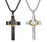 Handmade Crown of Thorns Cross Necklace, Stainless Steel christian Cross Pendants,Amulet Pendant Cross Necklaces,Necklace Jewellery Pendant Christian Gifts for Women Men (2pcs)