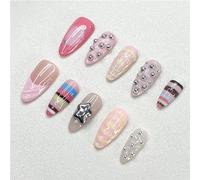 Handmade cute girly style nail art 3D pink glossy almond length press nails rainbow mosaic hand-painted series(S)