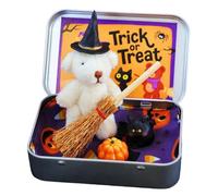 Handmade Cute Witch Bear In Box, Witch Teddy with Broom, Pumpkin & Cat, Mini Plush Stuffed Animal with Wizard Hat, Emotional Support Inspirational Gifts for Halloween Toy Party Decor (White)