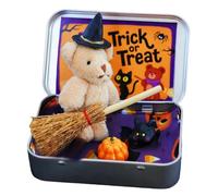 Handmade Cute Witch Bear In Box, Witch Teddy with Broom, Pumpkin & Cat, Mini Plush Stuffed Animal with Wizard Hat, Emotional Support Inspirational Gifts for Halloween Toy Party Decor (Light brown)