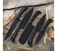 Handmade Damascus Steel Kitchen Knife Set with Leather case Cooking Knives Gift for Her Kitchen and Dining - 5PCs (Coated Steel)