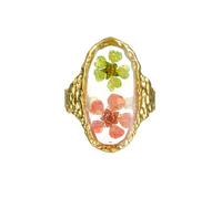 Handmade Dried Flower Statement Ring for Women Gold-Toned Stainless Steel Adjustable Pressed Blossom Forget-Me-Not Flowers Open Band Rings Wedding Holiday Jewelry, Metal, No Gemstone