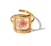 Handmade Dried Flower Statement Ring for Women Gold-Toned Stainless Steel Adjustable Pressed Blossom Forget-Me-Not Flowers Open Band Rings Wedding Holiday Jewelry, Adjustable, Metal, No Gemstone