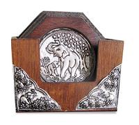 Handmade Elephant Coaster Set with Holder - Wooden Coaster Set of 6 for Drinks - Octagon Coasters - 4 Inches