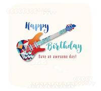Handmade Embellished Greeting Card by Talking Pictures Cards with a Very Smart Electric Guitar and a Message on The Front:"Happy Birthday. Have an Awesome Day!"