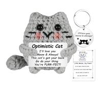 Handmade Emotional Support Cat Gift,Funny Crochet Cute Wool Doll with Positive Card Keychain Greeting Card Cheer Up Gag Friends Gifts Office Desk Fun Home Decor for Birthday Women Men Boys Girls