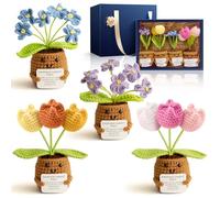 Handmade Emotional Support Crochet Flowers Gift Set: 4 Pcs Tulip & Forget-Me-Not in Premium Box, Positive Knitted Plush Toy Plants with Inspirational Cards for Women Men, Home Office Desk Decor
