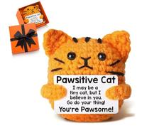 Handmade Emotional Support Crochet Positive Cat with Inspirational Cards in Gift Box, Pawsitive Knitted Gift Plush Doll for Cat Lover Women Men,Good Luck Present for Birthday, Office Home Desk Decor