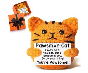 Handmade Emotional Support Crochet Positive Cat with Inspirational Cards in Gift Box, Pawsitive Knitted Gift Plush Doll for Cat Lover Women Men,Good Luck Present for Birthday, Office Home Desk Decor