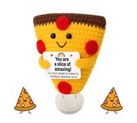 Handmade Emotional Support Crochet Positive Pizza, Small Crochet Pizzas With a Positive Message Card and Wooden Base, Cute Pizza Emotional Support Gift for Women Men