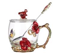 Handmade Enamel Butterfly Flower Glass Coffee Mugs Tea Cup with Spoon, 330ml, Perfect for Hot Drinks, Birthday, Wedding, Christmas, Valentine's Day Gifts(Red)