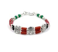 Handmade Ethnic Wristband Bracelet for Women & Men Coral, Black Onyx & Green Chalcedony Gemstone Fashion Boho Tibetan Bracelet 925 Silver Plated Tribal Gypsy Jewellery