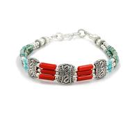 Handmade Ethnic Wristband Bracelet for Women & Men Coral & Compressed Turquoise Gemstone Fashion Boho Tibetan Bracelet 925 Silver Plated Tribal Gypsy Jewellery