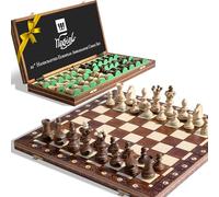 Handmade European Wooden Chess Set with Wood Chess Pieces - Decorative Box with Storage Tray - Rustic Classic Board Game (Ambassador Brown)