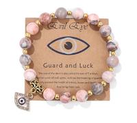 Handmade Evil Eye Beaded Bracelets with Message Card Natural Stone Beads Inspirational Stretch Bracelet for Women Men Kabbalah Turkish Protection Good Luck Friendship Jewelry Gifts, M, Stone, no