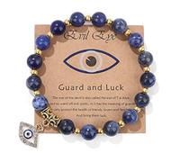 Handmade Evil Eye Beaded Bracelets with Message Card Natural Stone Beads Inspirational Stretch Bracelet for Women Men Kabbalah Turkish Protection Good Luck Friendship Jewelry Gifts, M, Stone, no