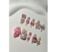 Handmade False Nails Long MouyouGlow, Ballerina Kawaii Pink 3D Cute MyMe Lody Carton Kitty Glitter Y2K Coquette Usable Press on Nails with Gel Pads, Handmade Fake Nails 10Pcs, #61-M Size