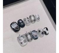 Handmade False Nails Short MouyouGlow, Squoval Round Kawaii Cute Silver Glitter 3D Kitty Bow Cardboard Heart Stars Shimmer Y2K Coquette Resuable Press on Nails, Handmade Fake Nails, 10pcs 506-S