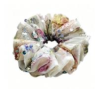 Handmade Floral Embroidery Organza Scrunchie, Shiny Sequin Ruffled Hair Tie Vintage Luxury Bridal Hair Accessory for Women Wedding Party Daily Wear