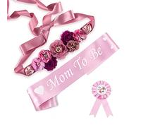 Handmade Floral Pearl Maternity Sash for Mom to Be - Luxury 3D Crystal Pregnancy Sash, Baby Shower Photo Props, Lavender Pink, 3 Piece Set