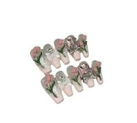 Handmade French Tip Press On Nails Tulip Flowers Bow Pearls Diamonds Pink Reusable Fake Nail For Girls(S)