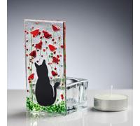 Handmade Fused Glass Tea Light Holder - Cat Design with Poppy Flowers - Unique Gift Idea for Pet Lovers & Home Décor