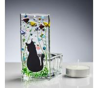 Handmade Fused Glass Tea Light Holder - Cat Design with Summer Meadow Flowers - Unique Gift Idea for Pet Lovers & Home Décor