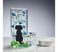 Handmade Fused Glass Tea Light Holder - Dog Design with Forget-Me-Not Flowers - Unique Gift Idea for Dog Lovers & Home Décor