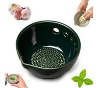 Handmade Garlic Grater X Herb Bowl, 2-in-1 Pottery Herb Stripper Bowl, Ceramic Garlic Grater Plate with 5 Hole for Ginger, Garlic, Herbs, Cheese (Green-B)