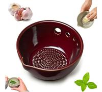 Handmade Garlic Grater X Herb Bowl, 2-in-1 Pottery Herb Stripper Bowl, Ceramic Garlic Grater Plate with 5 Hole for Ginger, Garlic, Herbs, Cheese (Wine-B)