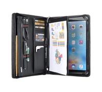 Handmade Genuine Leather A4 Size Portfolio Zipped,Organiser Case for iPad 9.7(2018/2017)/iPad Pro 9.7/iPad Air 2/iPad Air, Business Padfolio Conference Folder with iPad Holder, Black