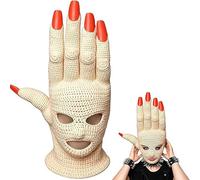 Handmade Giant Hand Crochet Balaclava, Funny Crochet Giant Hand Posing Mask, Full Face Mask with Realistic Fingers Red Nails, Soft Breathable Headwea for Festivals, Cosplay, Halloween, Party