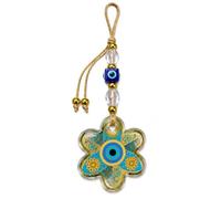 Handmade Glass Evil Eye Wall Hanging, Clear Blue with Gold Hand-Painted Details - Boho Home Décor & Housewarming Gift (Flower 1 - Small (GNB101))