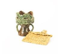 Handmade Glazed Clay Incense Burner Cup with Decorative Crown, Traditional Copalera with Woven Fan (Green)