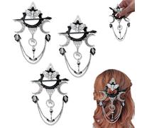 Handmade Goddess Of The Night Witchy Hair Pin, Dark Halloween Hair Clips Accessories, Gothic Crescent Moon Hairpin With Moth, Chains, And Charms, Long Hairs Stick Pin, For Cosplay