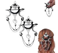 Handmade Goddess Of The Night Witchy Hair Pin, Dark Halloween Hair Clips Accessories, Gothic Crescent Moon Hairpin With Moth, Chains, And Charms, Long Hairs Stick Pin, For Cosplay