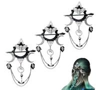 Handmade Goddess of the Night Witchy Hair Pin, Rhinestone Halloween Fantasy Hairpins, Dark Fashion Accessory (3pcs)