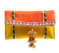 Handmade Gota Pati work Purse Wallet Batawa Hand Stitched Traditional Ethnic Golden Work Clutch for Girls Women Party Wedding Special Occasion and Gifting (Yellow and Orange - 8.8"x5")