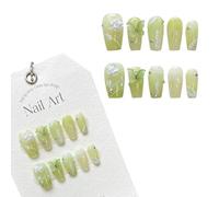 Handmade Green Press On Nail 3D Flower Butterfly Medium to Long Length Plate Cute Art Decoration 10pcs with Storage Box