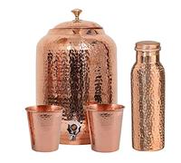 Handmade Hammered Finish Pure Copper drinkware Water Dispenser Pot ayurveda Health Healing 8 Liter Storage Capacity Water Container Tank with 2 Matching Tumbler Glasses & 1 Copper Bottle