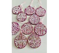 Handmade Hanging Christmas Tree Decorations Baubles with XMAS Phrases Festive Secret Santa Gift Stocking Filler (Pink Sparkle, Meet me Under the Mistleto)