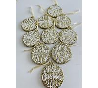 Handmade Hanging Christmas Tree Decorations Baubles with XMAS Phrases Festive Secret Santa Gift Stocking Filler (Gold, Joy to the world)