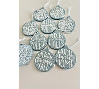 Handmade Hanging Christmas Tree Decorations Baubles with XMAS Phrases Festive Secret Santa Gift Stocking Filler (Icy blue, Believe in the Magi)
