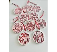 Handmade Hanging Christmas Tree Decorations Baubles with XMAS Phrases Festive Secret Santa Gift Stocking Filler (Red White, Joy to the world)
