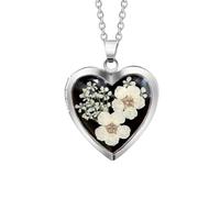 Handmade Heart Shaped Dried Pressed Forget Me Not Flower Photo Locket Pendant Necklace (Silver, White Flower On Black)