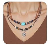 Handmade Hemp Cord Choker Necklace, Boho Necklaces For Women, Ancient Tribe Boho Double Layer Choker Necklace with Turquoise Bead & Silver Floral Pendant, Boho Jewellery for Women & Men