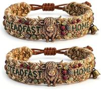 Handmade Highland Cow Woven Bracelet, Inspirational Rustic Steadfast & Home Engraved Bracelet, Cute Animal Jewelry for Highland Cow Lovers (2pcs)