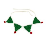 Handmade Holiday Pet Collar, Crochet Christmas Triangle Design with Pom-Poms, Green and White, Festive Cat Dog Accessory