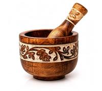 Handmade Indian Wooden Mortar and Pestle Set Natural Rustic Style Herb Spice Grinder Masala Mixer Manual Kharal Mashing Bowl Seasonings Pill Crusher Kitchen Utensils Housewarming Gift